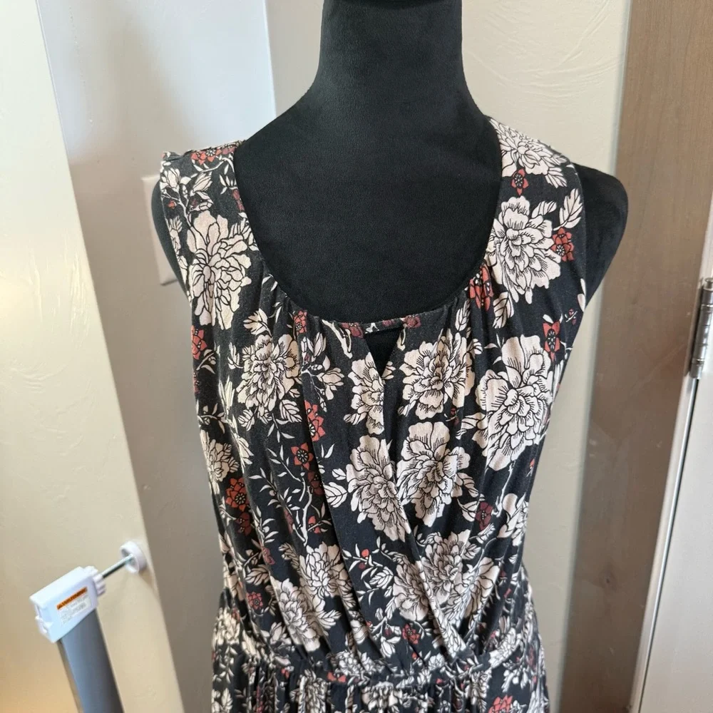 Garnet Hill Dark Floral Sleeveless Maxi Dress‎ Cinch Waist Faux Wrap Top Scoop L